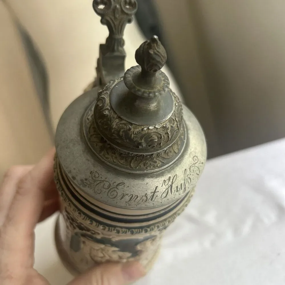 Vintage Antique German Beer Stein Lidded Pewter Engraved “Ernst Huf”  0.5L